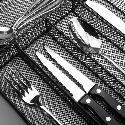 Sedegn Silverware Organizer Metal Mesh, Large Drawer Organizer, Utensil Cutlery Tray for kitchen drawers, Flatware Organizer with 6 Compartment, Black (11.3”*16“)