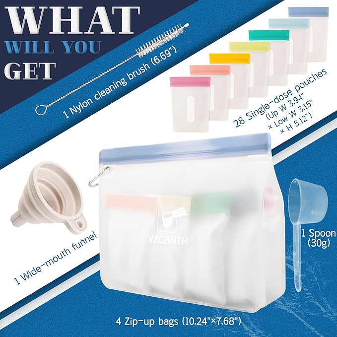 Protein Powder Travel Container Set,Reusable Powder Supplement Container To Go,28Pcs Single Dose Bags & 4Pcs Large Zip Bags,Portable Travel Containers with Funnel,Spoon