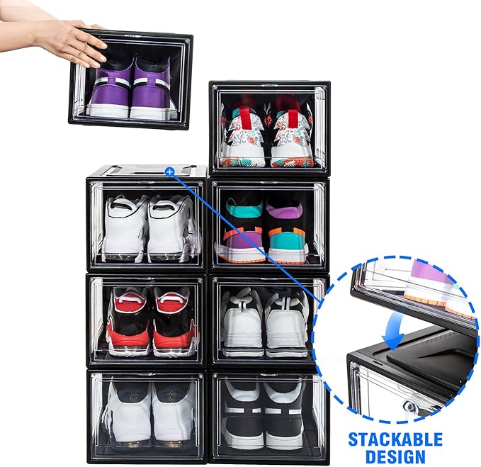12 Pack Shoe Boxes, Clear Acrylic Plastic Shoe Boxes Stackable, Space-Saving Foldable Drop Front Shoe Storage Boxes Container for With Lids Fits Up to Size 15 (Dark Black)