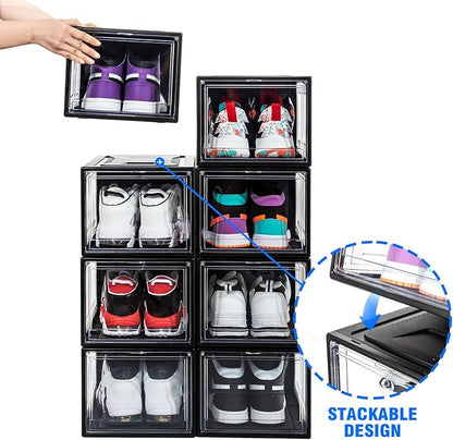 12 Pack Shoe Boxes, Clear Acrylic Plastic Shoe Boxes Stackable, Space-Saving Foldable Drop Front Shoe Storage Boxes Container for With Lids Fits Up to Size 15 (Dark Black)