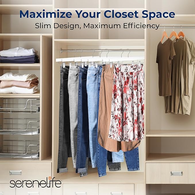 SereneLife 10 Pack Skirt and Pant Hanger with Adjustable Non-Slip Steel Clips, Premium Wooden, 360° Swivel Hook & 10 lb Capacity – Space-Saving Heavy-Duty Hangers for Jeans, Shorts & Slacks (White)