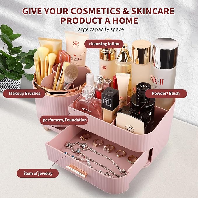 Molutsody Makeup Organizer for Vanity, Cosmetic Display Case with Drawers, Fits Makeup, Skincare Products, Brushes, Lipsticks, and Other Accessories, Versatile Storage Solution (Pink)