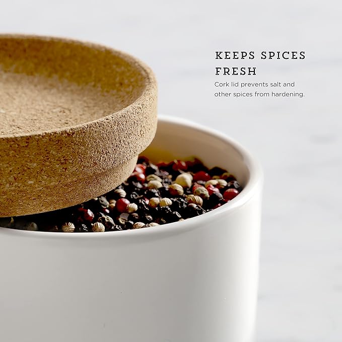 Kamenstein Cork and Ceramic 3 Piece Stackable Salt and Pepper Cellar For Countertop Space Saving; Pivoting Lid to Retain Freshness for Easy Open, 4 x 4 x 4.25 Inch, Natural Cork and White Ceramic