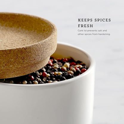 Kamenstein Cork and Ceramic 3 Piece Stackable Salt and Pepper Cellar For Countertop Space Saving; Pivoting Lid to Retain Freshness for Easy Open, 4 x 4 x 4.25 Inch, Natural Cork and White Ceramic