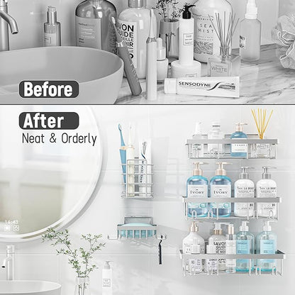 Liuoud 10 Pack Shower Caddy Organizer Rack Shelf for Inside Shower, Self Adhesive Wall Storage Basket Rustproof Stainless Steel Shampoo Holder Bathroom Accessory Decor Set, Silver