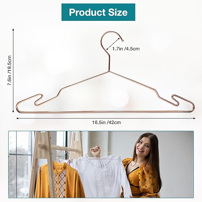 Heavy Duty Metal Hangers with Unique Hook Design Durable & Sturdy Coat Hangers 4mm Thick Withstands 25lbs Weight Smooth Finish Compact Shirt Hangers - 40 Pack Rose Gold