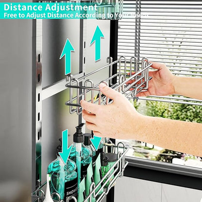HapiRm 5 Tier Over the Door Shower Caddy, Hanging Shower Caddy with 28 Hooks and 2 Toothbrush Holders, No Drilling Adjustable Hanging Bathroom Organizer - Silver