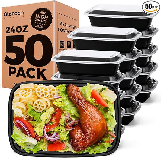 Glotoch 100-Piece (50-Pack) 24 OZ Meal Prep Containers Reusable with Lids, Sturdy Leakproof & Food Safe, Microwave, Freezer, Dishwasher Safe To Go Food Containers, Plastic Take Out Containers, Black