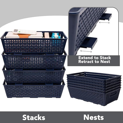 Tiawudi Stackable Woven Plastic Basket, Storage Bins for Cabinet, Closet, Shelf, Under Sink and Countertop, Pantry Organizer Bins, 6 Pack