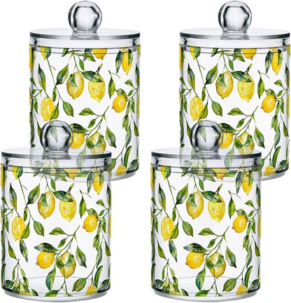 ALAZA 2pcs Watercolor Lemon Leaf Qtip Holder Dispenser 14 oz Bathroom Storage Clear Apothecary Jars Containers Cotton Ball,Cotton Rounds,Floss Picks, Hair Clips, Food