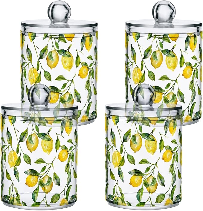 ALAZA 4pcs Watercolor Lemon Leaf Qtip Holder Dispenser 14 oz Bathroom Storage Clear Apothecary Jars Containers Cotton Ball,Cotton Rounds,Floss Picks, Hair Clips, Food