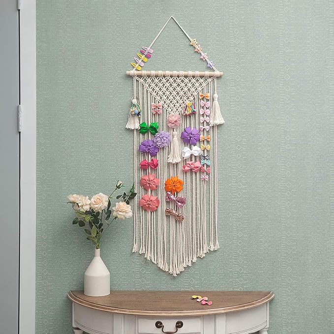 Mkono Macrame Hair Bow Holder Hanging Hair Clips Hanger Headband Storage Organizer Fringe Boho Wall Decor Tassels Bow Organizer for Baby Girls Room Ornament Gift,Ivory(Clips Not Included)