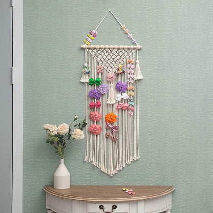 Mkono Macrame Hair Bow Holder Hanging Hair Clips Hanger Headband Storage Organizer Fringe Boho Wall Decor Tassels Bow Organizer for Baby Girls Room Ornament Gift,Ivory(Clips Not Included)