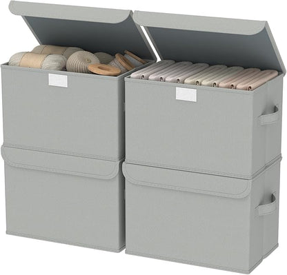 Foldable Storage Bin, Cube Organizer Basket with Flip-Top Lid and 2 Handles, Decorative Boxes for Shelves with Cover for Clothes, Towels, Blanket, 4 Pack, Grey, 13 x 9 x 7.9 In, XSNY12GM-4