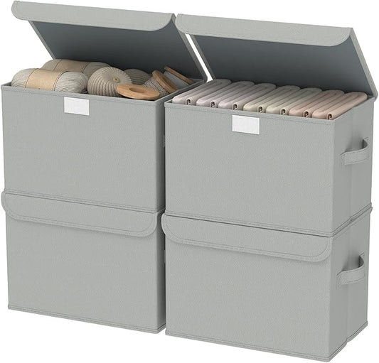 Fabric Storage Bin with Lid, Closet Boxes with Cover, Collapsible Stackable Organizer Basket with 2 Handles, for Home and Bedroom, 4 Pack, Grey, 10.2 x 7.9 x 6.7 In, XSNY12GS-4
