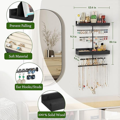 Keebofly Wall Mounted Jewelry Organizer with 2 Tired Shelves & Ring Holder- Jewelry Holder Wall Storage Display for Earrings, Necklace, Bracelet in Bathroom Bedroom, Black