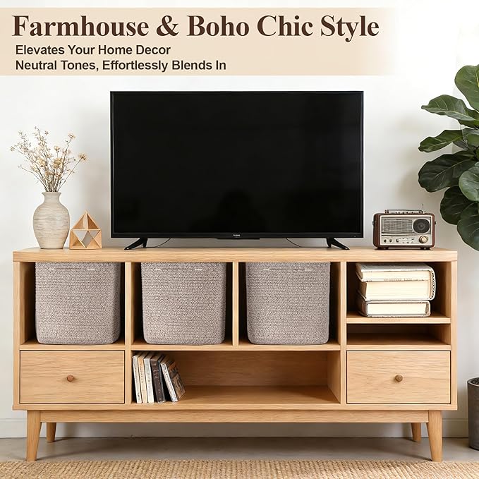 Cube Storage Bins 11 Inch Shelf Cotton Rope Baskets for Organizing, Woven Storage Basket - For Magazines, Living Room, Closet, Brown 3 Pack