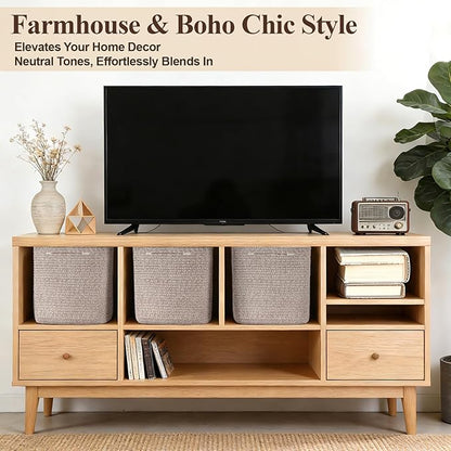 Cube Storage Bins 11 Inch Shelf Cotton Rope Baskets for Organizing, Woven Storage Basket - For Magazines, Living Room, Closet, Brown 3 Pack