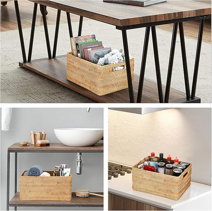 Hipiwe Handwoven Rattan Basket Decorative Natural Wicker Storage Basket Rectangular Wardrobe Home Organizer with Build-in Handles, 15" x 11" x 7.1"