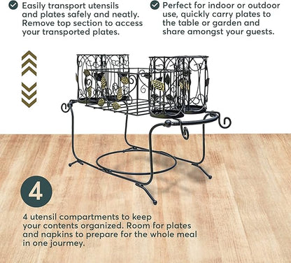 Utensil Caddy - Silverware Caddy or Napkin, Cutlery and Plate Holder - The Ideal 2-Piece Portable Outdoor Kitchen Accessories Buffet Organizer for Picnics, Camping, Barbecue, Parties and Events