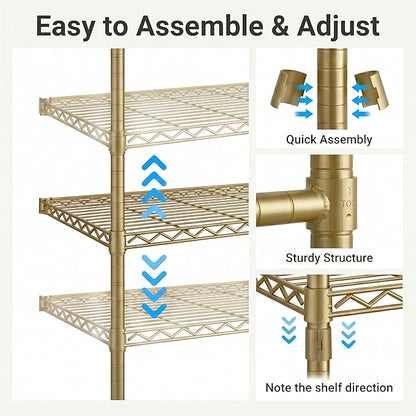 Wall Mounted Closet System – Adjustable Clothing Rack with 4 Expandable Rods & 6 Shelves, Heavy Duty Industrial Pipe Clothes Rack for Closet Organizer and Storage, Gold