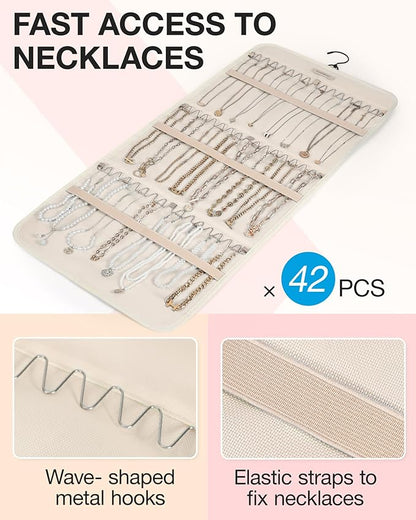 BAGSMART Hanging Jewelry Organizer Storage Roll with Hanger Metal Hooks Double-Sided Jewelry Holder for Earrings, Necklaces, Rings on Closet, Wall, Door, 1 piece, Large, Beige