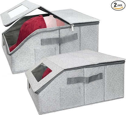2 Pack Stackable Hat Storage Box for Baseball Caps 16.5 x 9 x 6.7 Inch Dustproof Cap Organizer with Clear Window & Cardboard Base to fit snapbacks, trucker hats, visors