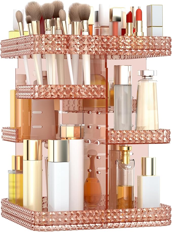 Rotating Makeup Organizer, Large Capacity Cosmetic Display Case, Acrylic Skincare Organizer with Makeup Brush, Makeup Storage Organizer for Dresser Countertop and Bathroom Vanity - Pink