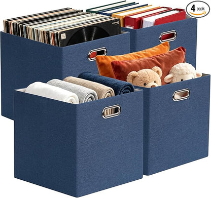 Posprica Storage Cube Basket Bins,13×13 Foldable Storage Boxes for Closet Organizer Shelf Cabinet Bookcase,Thick Fabric Drawer,Set of 4, Army Blue