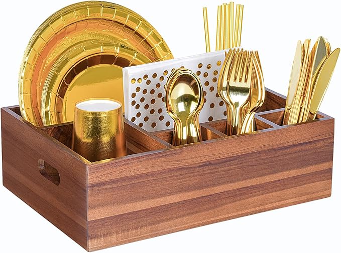 Eleckey Acacia Wood Utensil Holder Organizer for Party，Paper Plate Dispenser for Kitchen Counter
