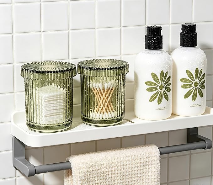 2 Pack Glass Qtip Holder Dispenser Set - Bathroom Organizer for Cotton Swabs, Balls, Pads, Floss Picks - Clear Apothecary Jars for Vanity, Makeup Storage, Bathroom Accessories Decor (Olive Green)