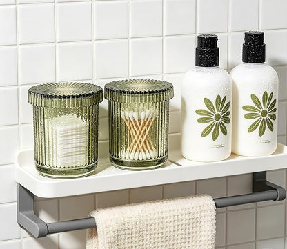 2 Pack Glass Qtip Holder Dispenser Set - Bathroom Organizer for Cotton Swabs, Balls, Pads, Floss Picks - Clear Apothecary Jars for Vanity, Makeup Storage, Bathroom Accessories Decor (Olive Green)