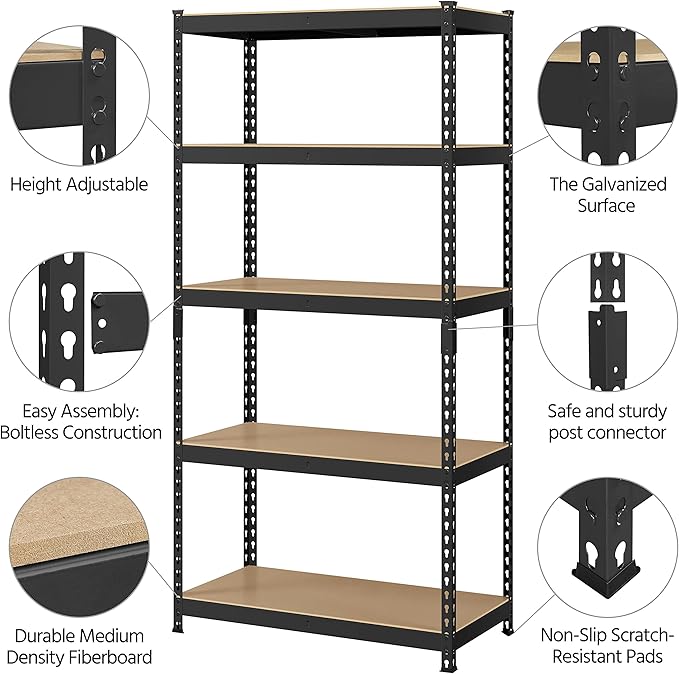 Topeakmart 3PCS 5-Tier Utility Shelves, Metal Storage Shelves Garage Shelving Unit Adjustable Garage Storage Shelves Storage Racks Heavy Duty Shed Shelving- Black, 35.5 x 17.5 x 72 Inch
