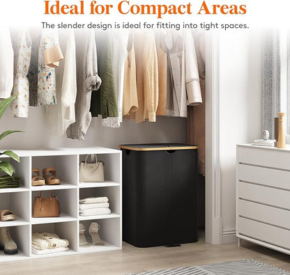 Lifewit 150L Double Laundry Hamper with Lid, Large Laundry Basket with Removable Bag & Bamboo Handles, Fodable Tall Dirty Clothes Hamper for Laundry Collapsible Bin for Bathroom Bedroom Dorm, Black
