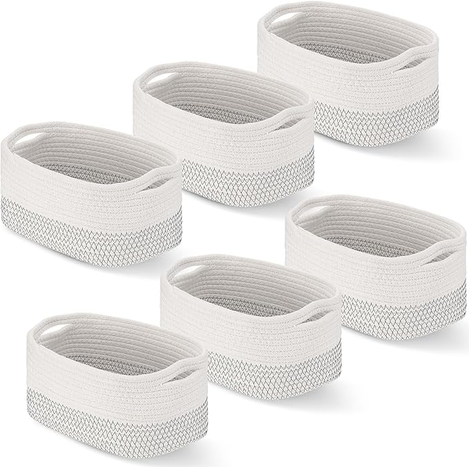 Sawysine 6 Pcs Storage Baskets Bulk for Organizing Cotton Rope Woven Basket with Handles for Gift Cloth Shelves Blanket Toys Living Room(White Grey)