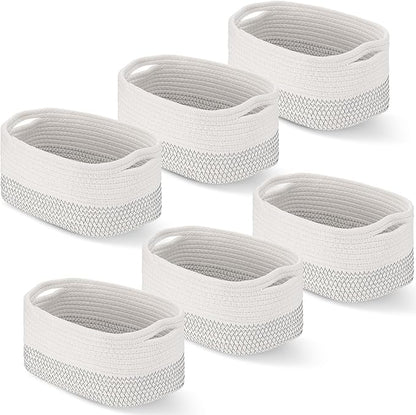 Sawysine 6 Pcs Storage Baskets Bulk for Organizing Cotton Rope Woven Basket with Handles for Gift Cloth Shelves Blanket Toys Living Room(White Grey)