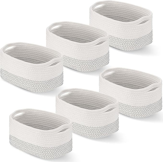 Sawysine 6 Pcs Storage Baskets Bulk for Organizing Cotton Rope Woven Basket with Handles for Gift Cloth Shelves Blanket Toys Living Room(White Grey)