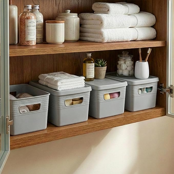 BINO | Plastic Storage Bins with Lids, 5 Liter - 3 Pack, Natural Grey | THE BRAIDED COLLECTION | Plastic Bins for Organization Woven Storage Baskets for Organizing Pantry Shelf Organizer Basket Bin