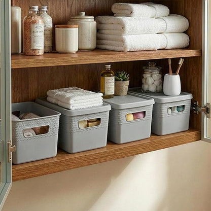 BINO | Plastic Storage Bins with Lids, 5 Liter - 3 Pack, Natural Grey | THE BRAIDED COLLECTION | Plastic Bins for Organization Woven Storage Baskets for Organizing Pantry Shelf Organizer Basket Bin