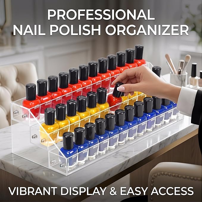 Umirokin 3 Tier Acrylic Nail Polish Organizer Rack, Clear Nail Polish Display Shelf Holds 36-45 Bottles, Essential Oil & Tattoo Ink Holder Stand, Countertop Storage Organizer for Vanity Salon Bathroom