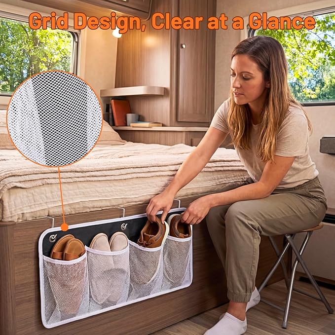 RV Shoe Storage for Bedside - 4 Pocket Wall Mounted Entryway Shoes Rack, Bed Hanging Pocket Organizer, Bedside Caddy Storage Organizer for Headboards Bunk Beds Dorm Rooms,RV & Camper Essentials