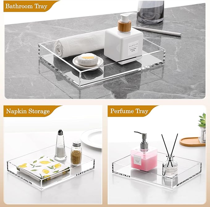 DINGHUO Acrylic Perfume Bathroom Vanity Counter Tray, Clear 9.45"x7.09"x1.38" Rectangle Countertop Organizer for Jewelry Candles Soap Makeup Toilet Tank Kitchen - 1 Pack