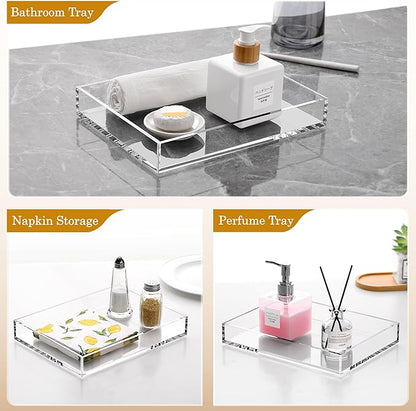 DINGHUO Acrylic Perfume Bathroom Vanity Counter Tray, Clear 9.45"x7.09"x1.38" Rectangle Countertop Organizer for Jewelry Candles Soap Makeup Toilet Tank Kitchen - 1 Pack