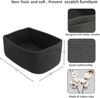 XUANGUO Small Woven Storage Baskets 12“X8”X5“ Decorative Rope Bins for Organizing Shelves, Closets, and Toys, Empty Gift Baskets, Cute Organizer Basket for Home and Office (black, regular)
