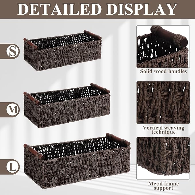 Boao 3 Pcs Boho Storage Wicker Baskets Handmade Woven Decorative Paper Rope Baskets for Organizing with Handle Countertop Toilet Paper Storage Container for Toilet Tank Top(Dark Brown,Rectangle)