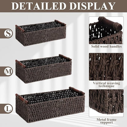 Boao 3 Pcs Boho Storage Wicker Baskets Handmade Woven Decorative Paper Rope Baskets for Organizing with Handle Countertop Toilet Paper Storage Container for Toilet Tank Top(Dark Brown,Rectangle)