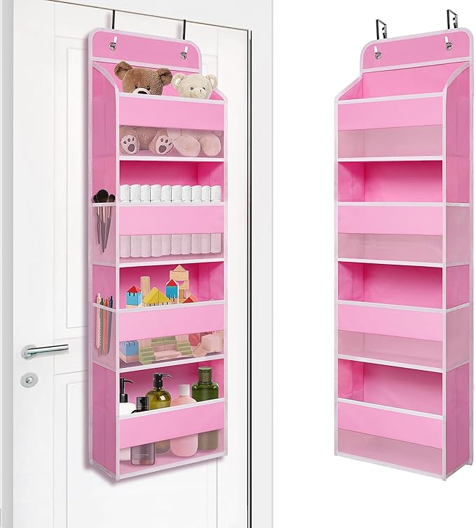 TYMENSH Over The Door Hanging Organizer with 4 Large Pockets – Closet, Bathroom, Nursery, Bedroom, Dorm Storage for Toys, Cosmetics, and Baby Essentials, Pink