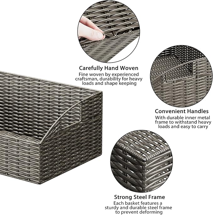 Rattan Storage Baskets, Handwoven Wicker Storage Bins with Built-in Handles, Storage Container Baskets for Shelves, Bedroom, Bathroom, Laundry Room or Kitchen(Grey)