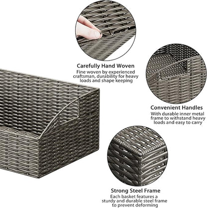 Rattan Storage Baskets, Handwoven Wicker Storage Bins with Built-in Handles, Storage Container Baskets for Shelves, Bedroom, Bathroom, Laundry Room or Kitchen(Grey)