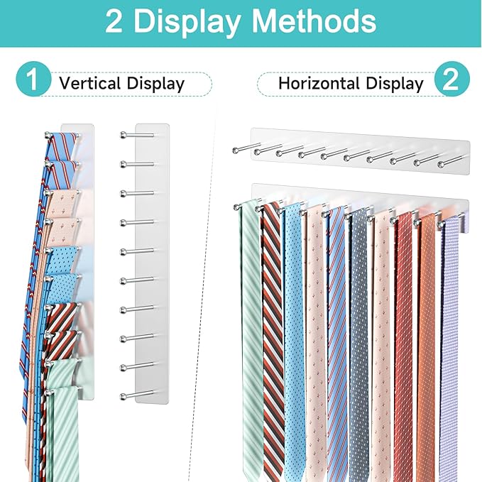 Tie Rack Wall Mounted, Tie Holder Organizer, Closet Ties Organizer Stainless Steels, Adhesive Ties Racks for Men With 20 Hooks, Hanger Storage for Wall Bedroom Living Room Dresser Room (Sliver)